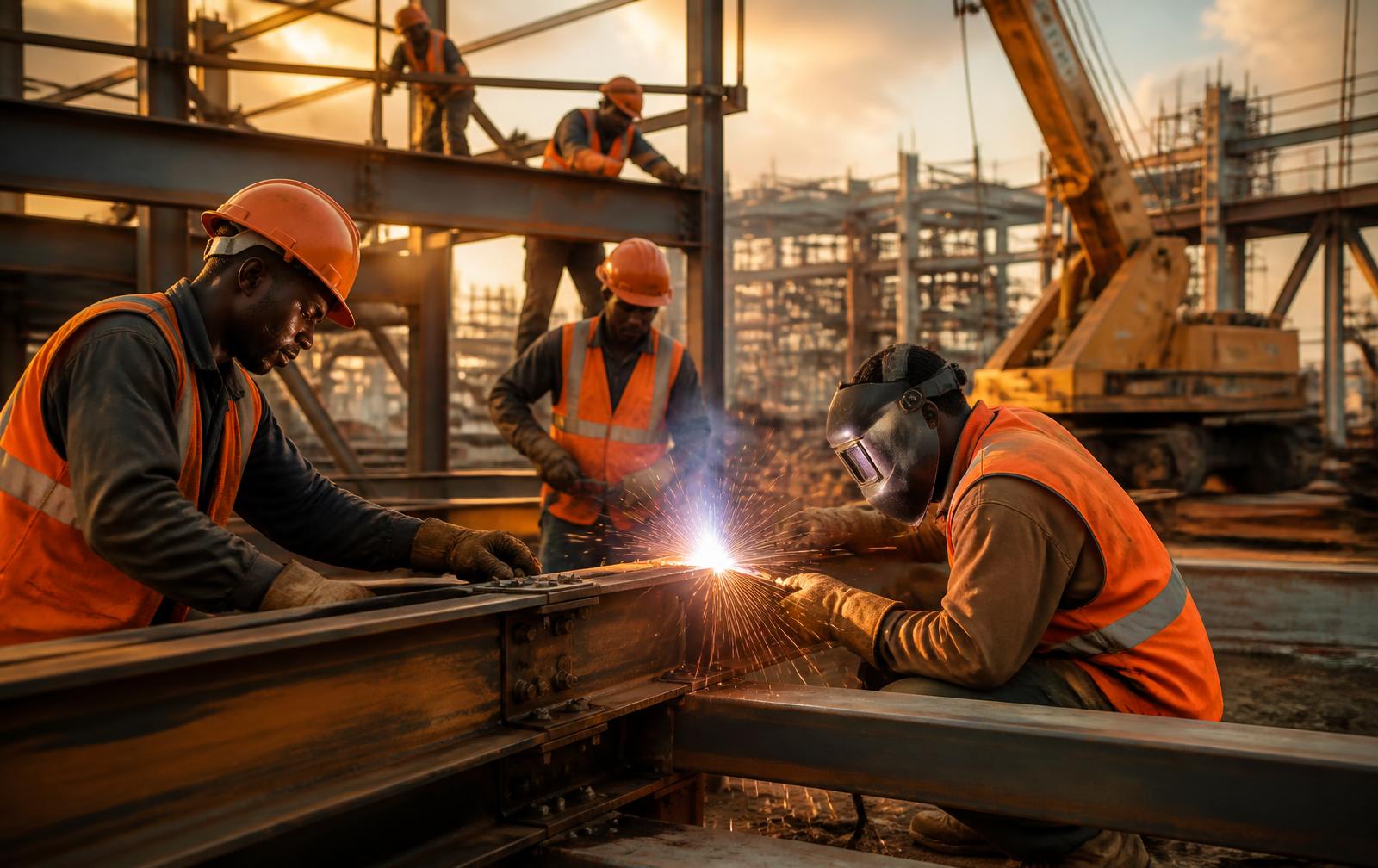Ouvriers africains assemblant une charpente métallique sur un chantier industriel