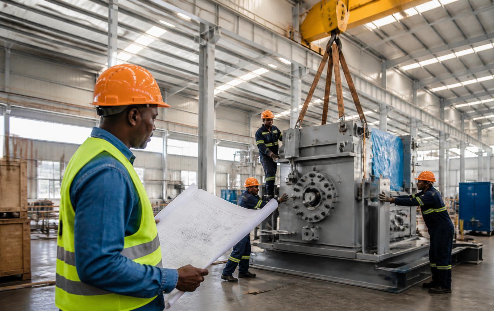 Équipe africaine installant un équipement industriel avec un pont roulant